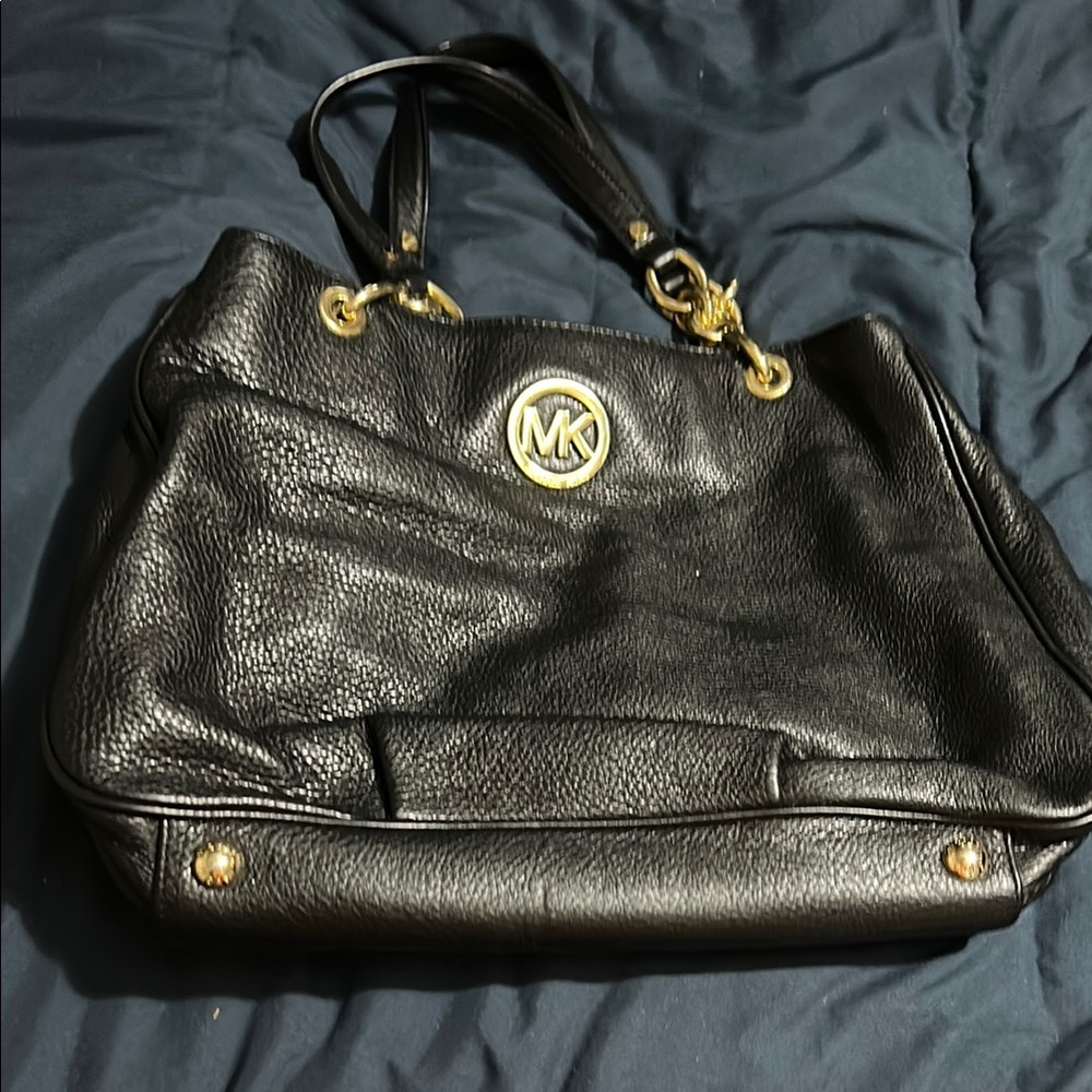 Michael Kors Black Leather Shoulder Bag with Gold Hardware